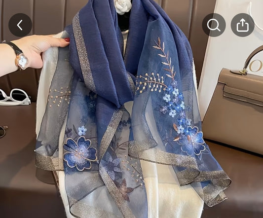 Eleganter Damen-Schal mit floraler Stickerei – Blau