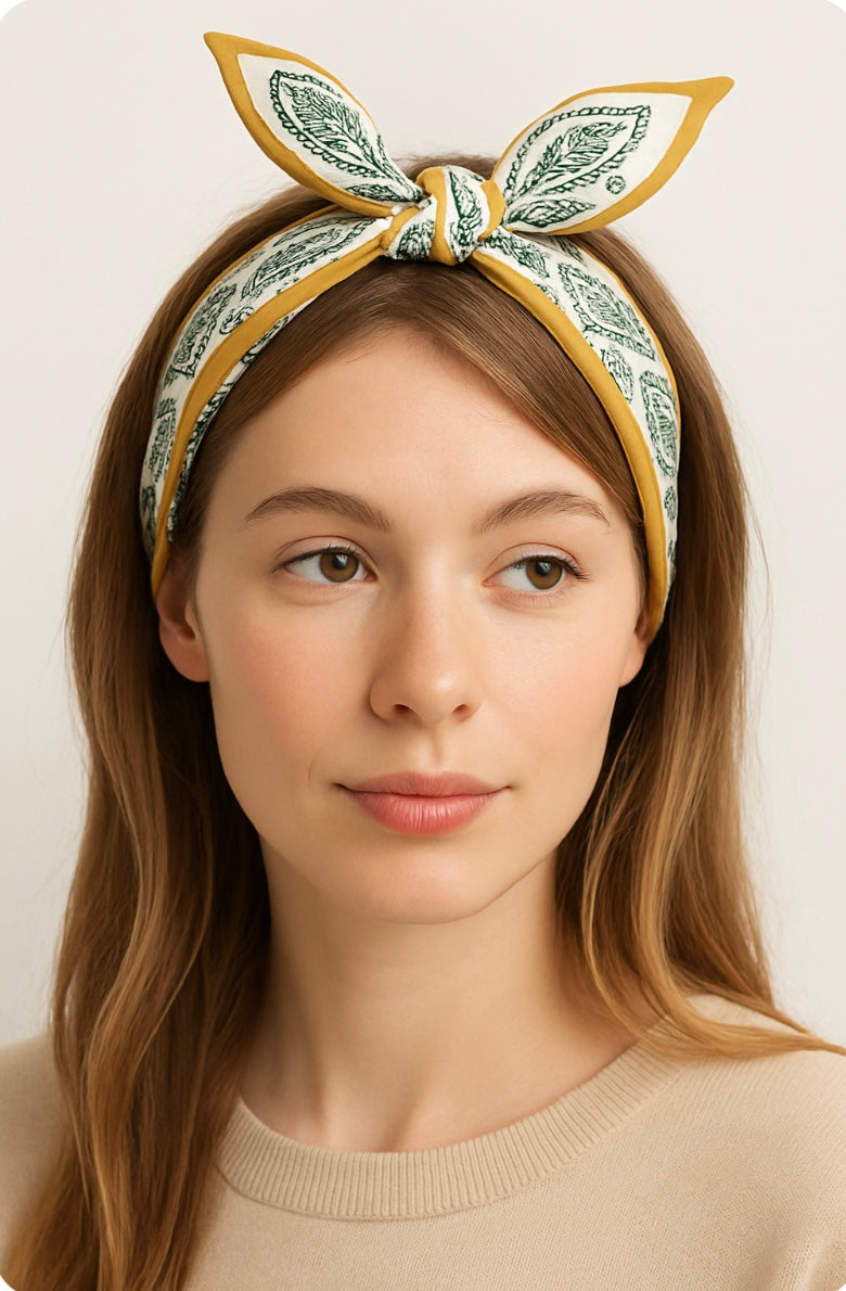 Breiter Haarreif mit Bandana-Knoten – Senfgelb & Paisley