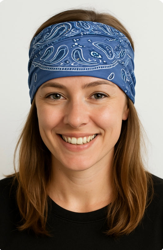 Elastisches Bandana-Stirnband – Blau mit Paisley-Muster