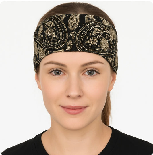 Breites Stirnband mit Paisley-Muster – Schwarz & Beige
