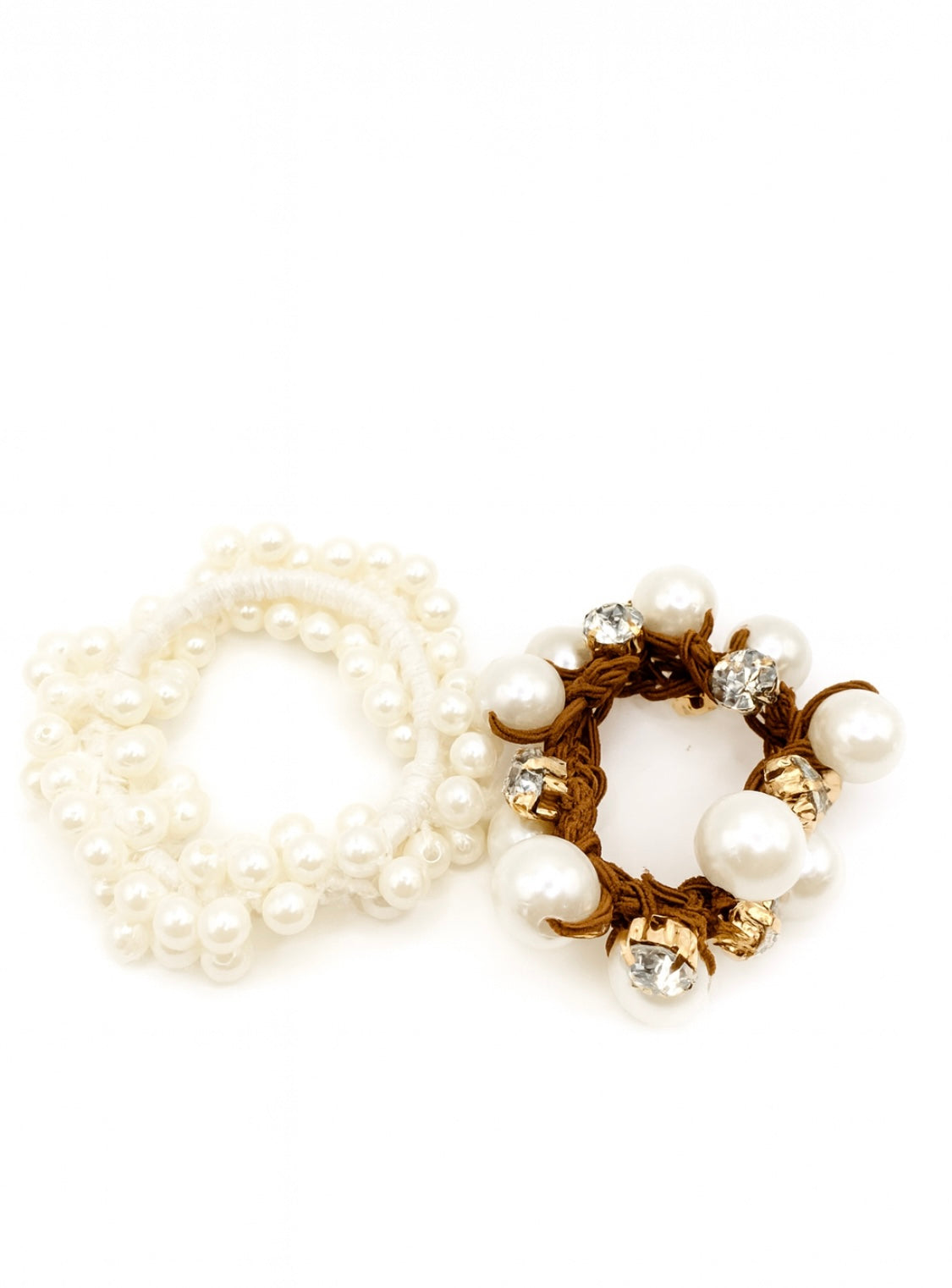 2er-Set Haargummis – Perlen & Strass in Creme und Braun