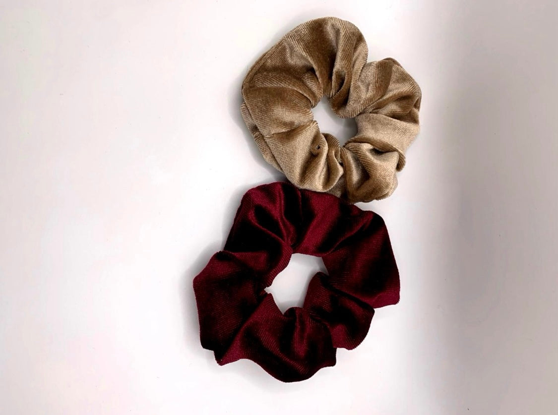 2er-Set Samt-Haargummis – Bordeaux & Beige