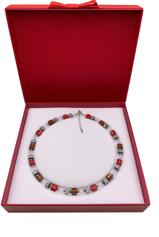 Handgefertigte Halskette "Cubix Duo" – Rot & Braun