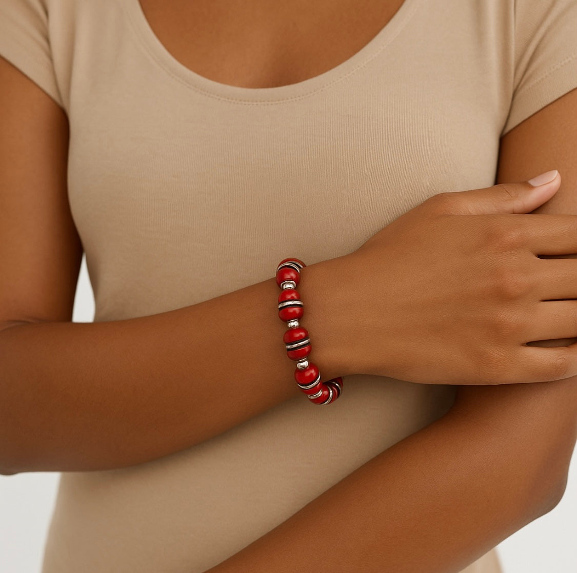 Handgefertigtes Armband- Rot, Braun & Silber