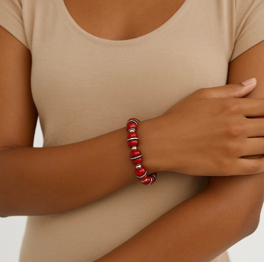 Handgefertigtes Armband- Rot, Braun & Silber