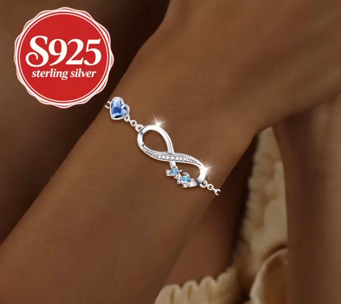 S925 Silberarmband – Unendlichkeitszeichen mit Herz & blauen Steinen