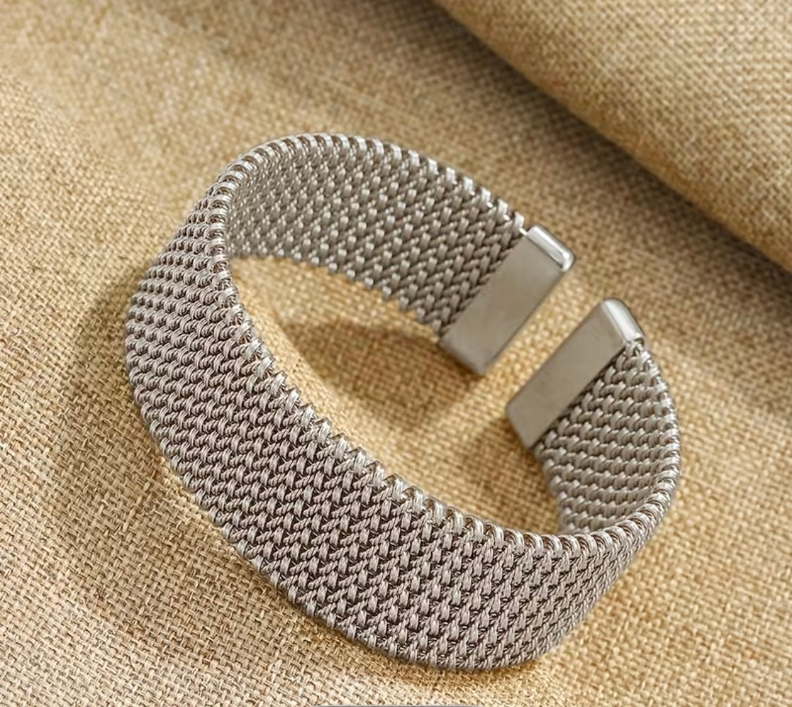 Elegantes Mesh-Armband aus Edelstahl 316L – Silberfarben, Breites Design