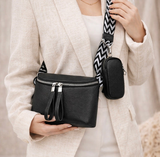 2-in-1 Crossbody Bag aus echtem Leder – Schwarz