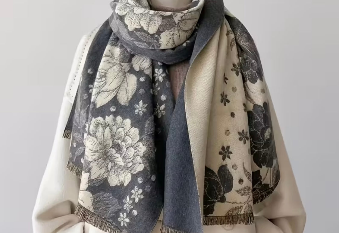 Reversibler Winter-Blumenschal – Grau (Warm, Weich & Stilvoll)