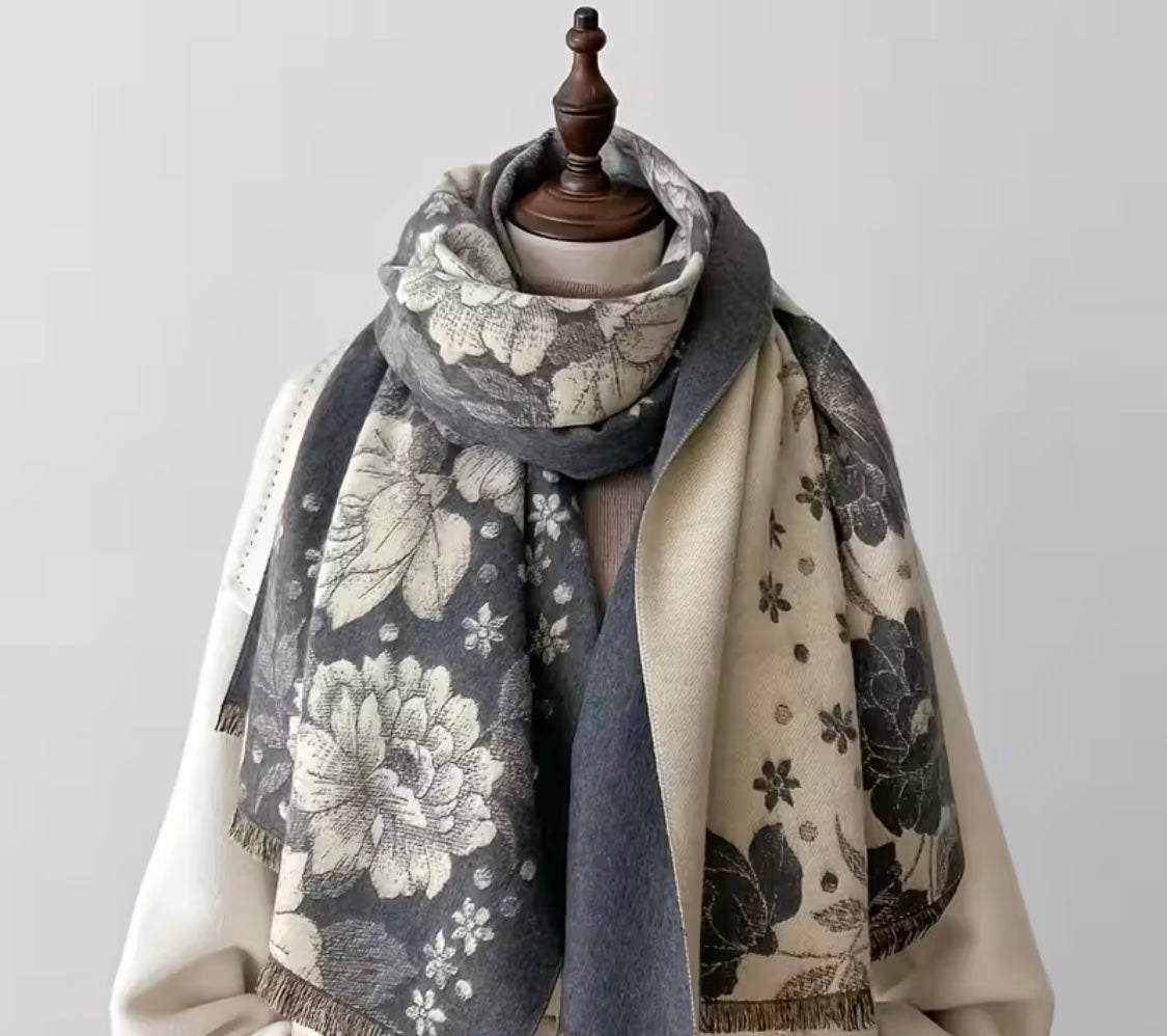 Reversibler Winter-Blumenschal – Grau (Warm, Weich & Stilvoll)