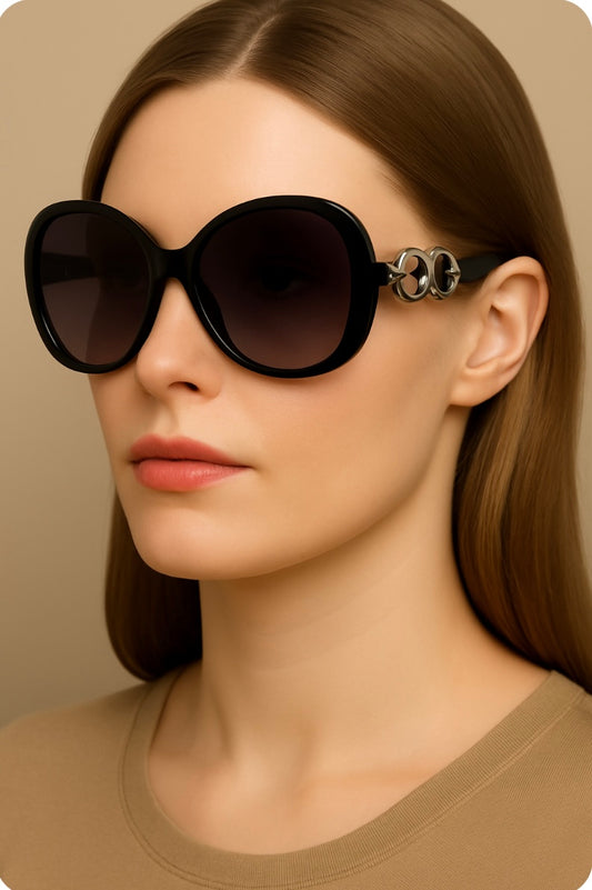 Damen-Sonnenbrille „Noir Élégance“ – Oversize mit Metall-Deko
