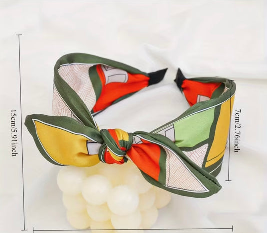 Haarreif mit Knoten – Buntes Retro-Muster in Grün, Gelb & Orange