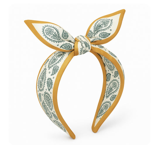 Breiter Haarreif mit Bandana-Knoten – Senfgelb & Paisley