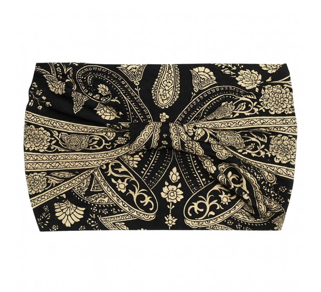 Breites Stirnband mit Paisley-Muster – Schwarz & Beige