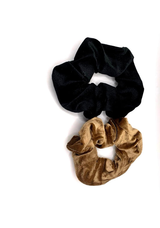 2er-Set Samt-Haargummis – Schwarz & Goldbraun