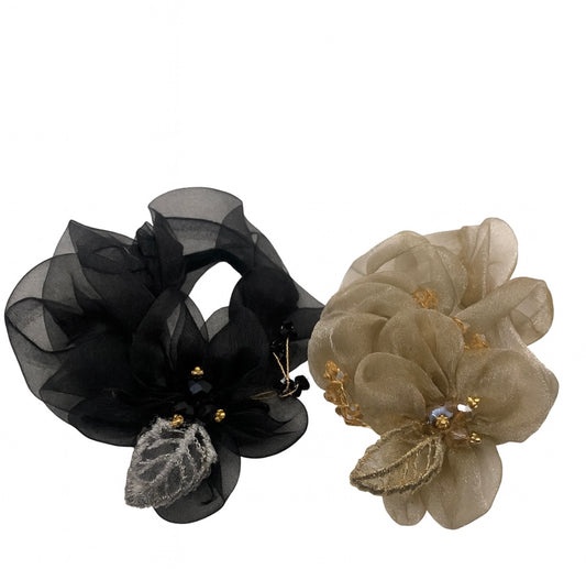 2er-Set Handgemachte Blumen-Haargummis – Schwarz & Gold-Beige