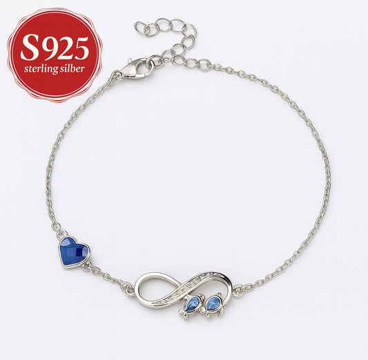 S925 Silberarmband – Unendlichkeitszeichen mit Herz & blauen Steinen
