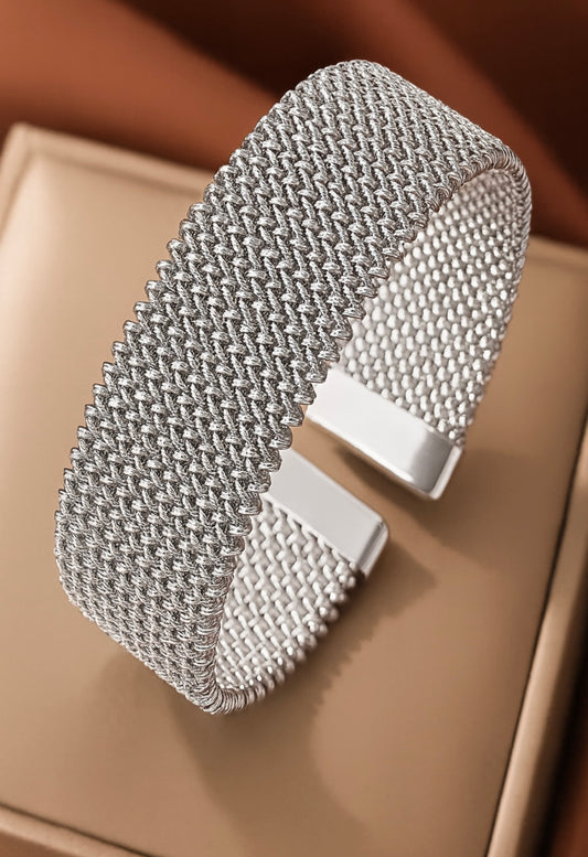 Elegantes Mesh-Armband aus Edelstahl 316L – Silberfarben, Breites Design