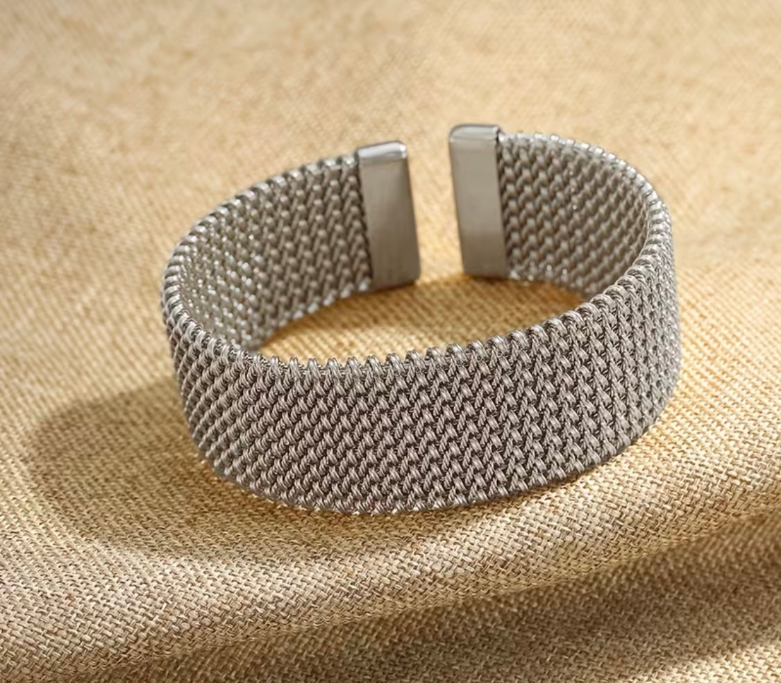 Elegantes Mesh-Armband aus Edelstahl 316L – Silberfarben, Breites Design