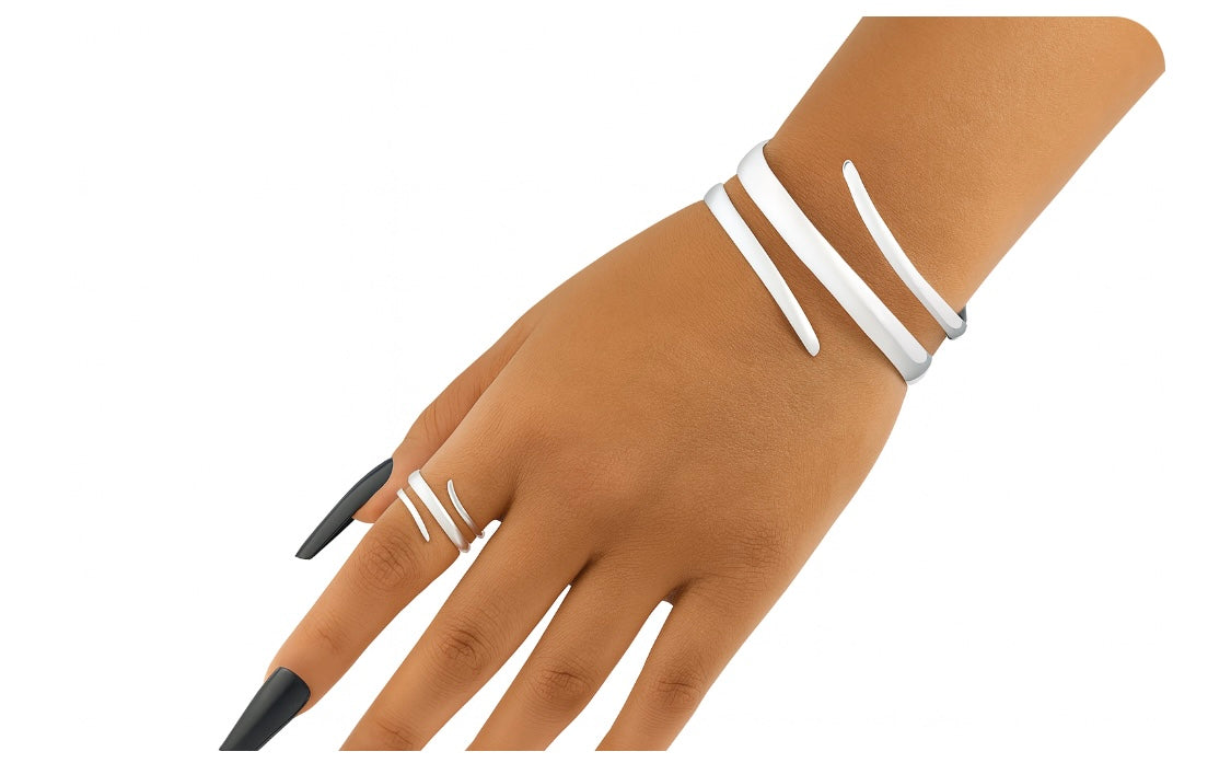 Elegantes Set aus silberfarbenem Ring & Armreif – „Fließende Form“