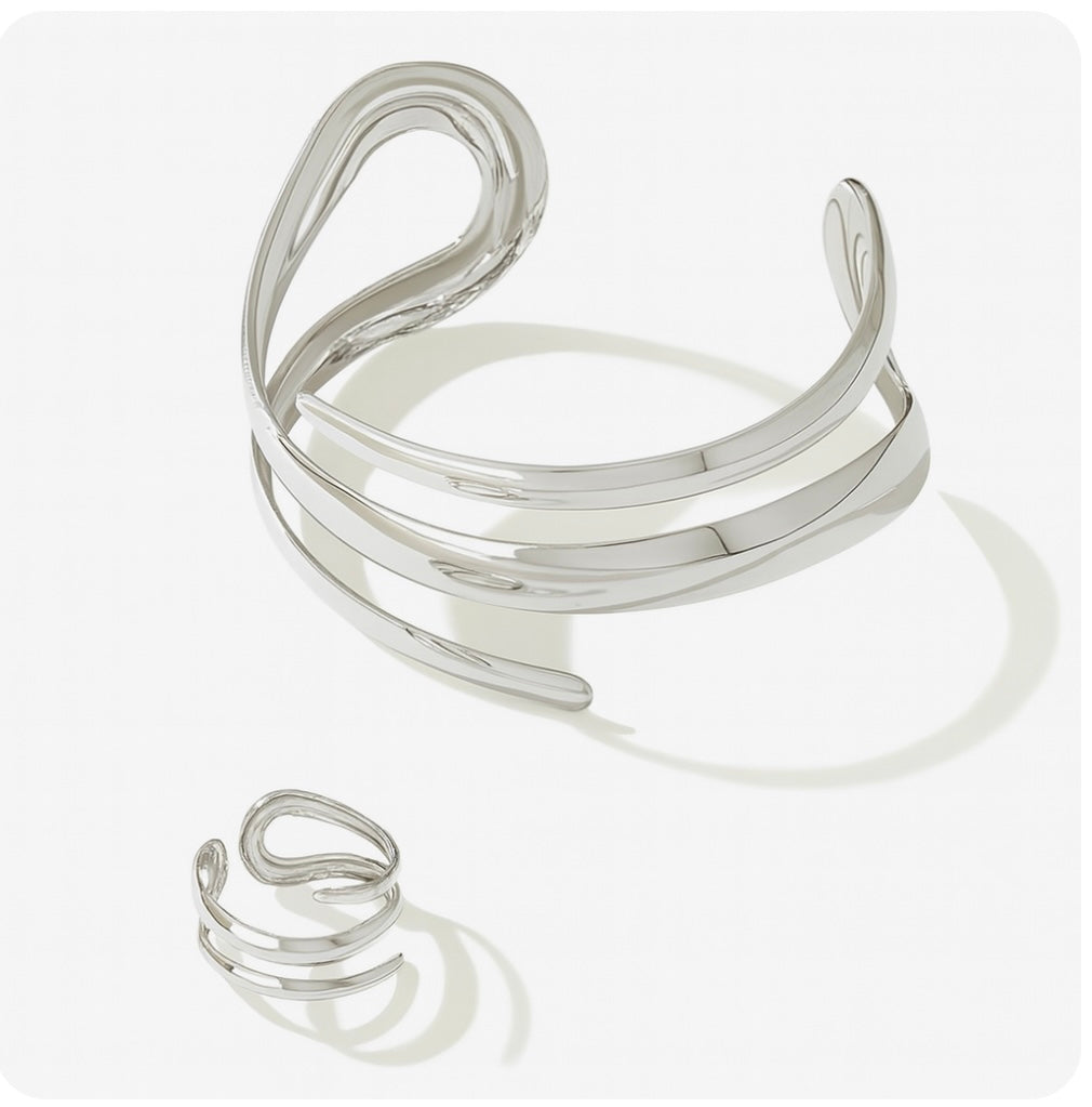 Elegantes Set aus silberfarbenem Ring & Armreif – „Fließende Form“