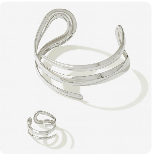 Elegantes Set aus silberfarbenem Ring & Armreif – „Fließende Form“