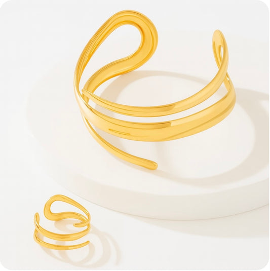 Elegantes Set aus vergoldetem Ring & Armreif – „Fließende Form“