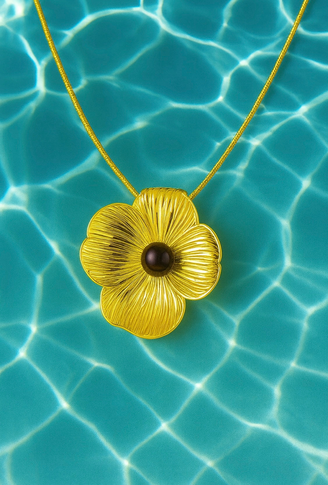 Elegante Blüten-Halskette aus Edelstahl – Goldfarben mit schwarzer Imitationsperle