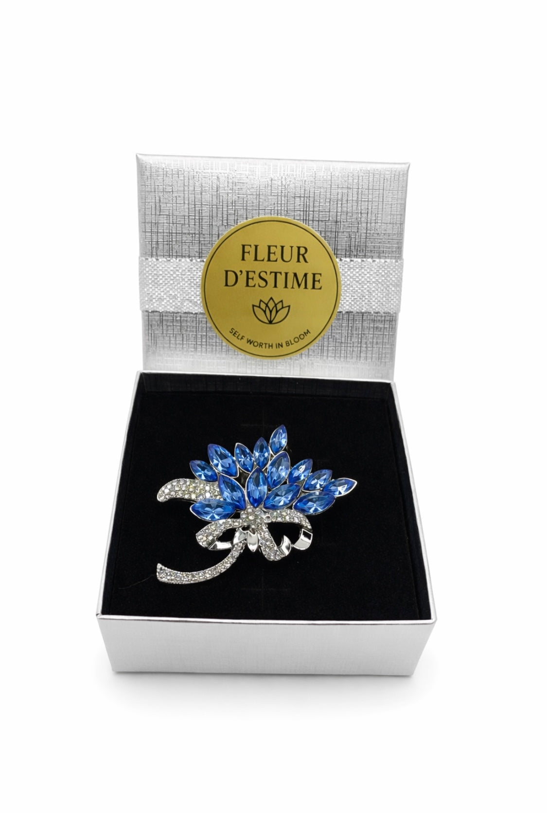 Elegante Blütenbrosche mit blauen Kristallen – Fleur d'Estime