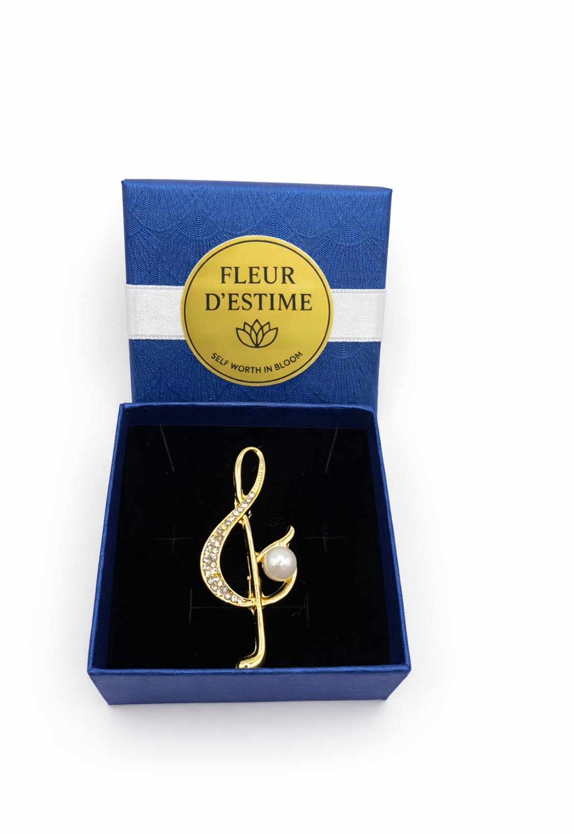 Goldene Notenschlüssel-Brosche mit Perle – Fleur d'Estime
