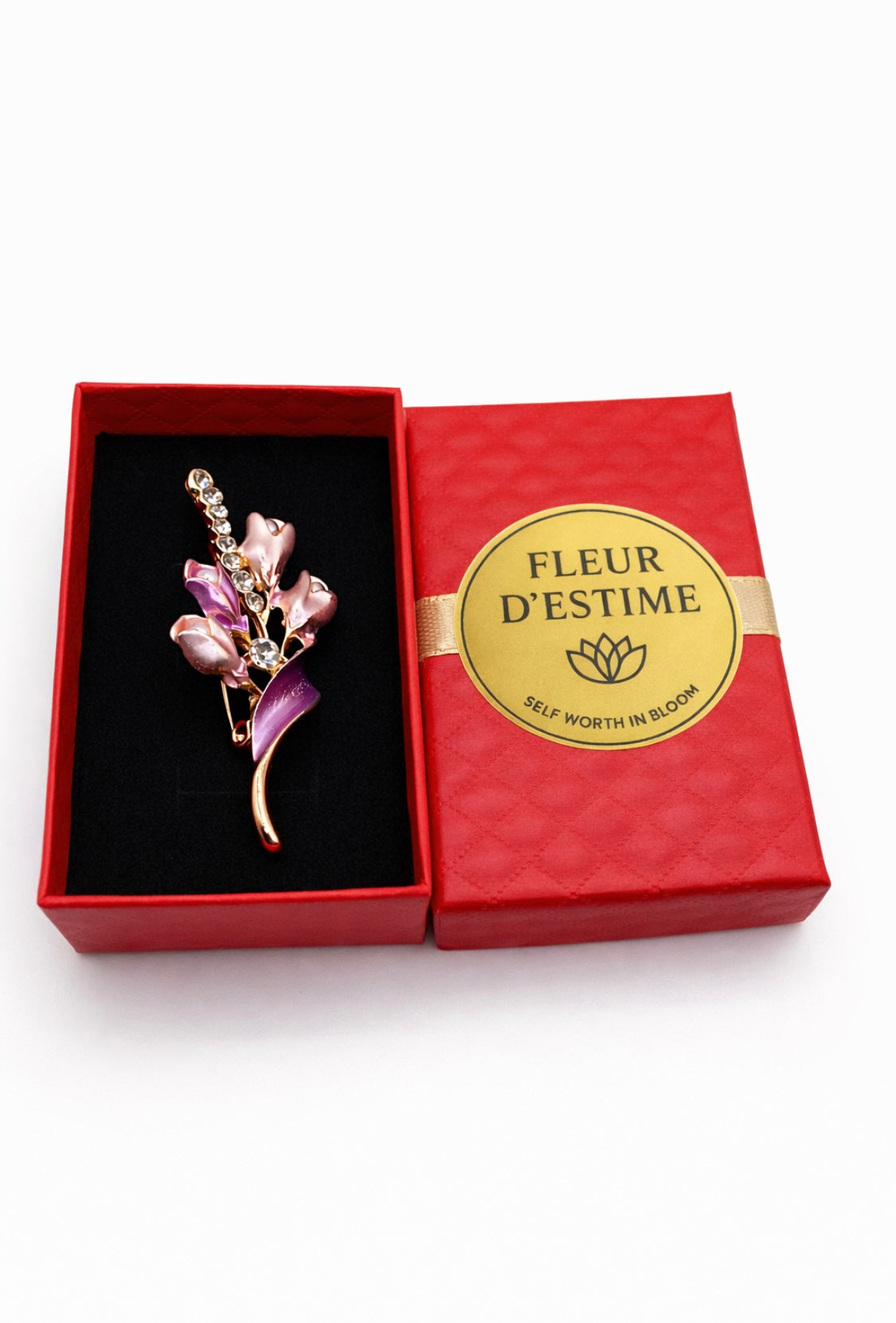 Elegante Blumen-Brosche „Fleur D’Estime“ – Gold, Lila & Kristallakzente