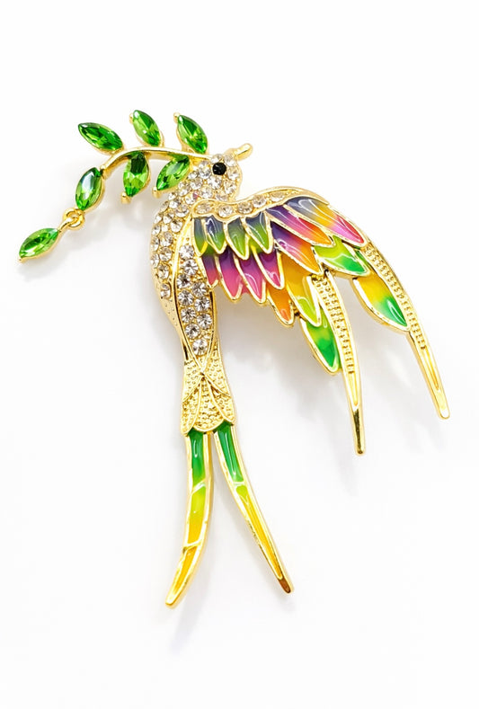 Elegante Vogel-Brosche mit Farbverlauf und Kristallen – "Fleur d’Estime"