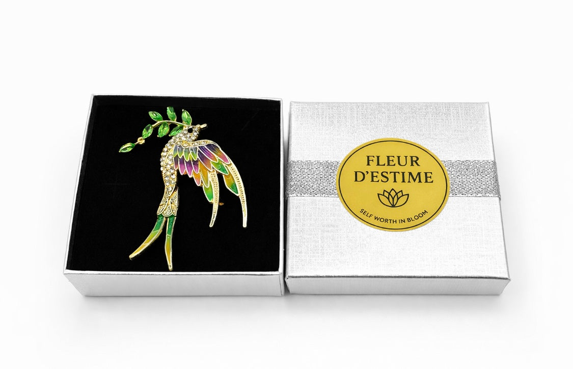 Elegante Vogel-Brosche mit Farbverlauf und Kristallen – "Fleur d’Estime"