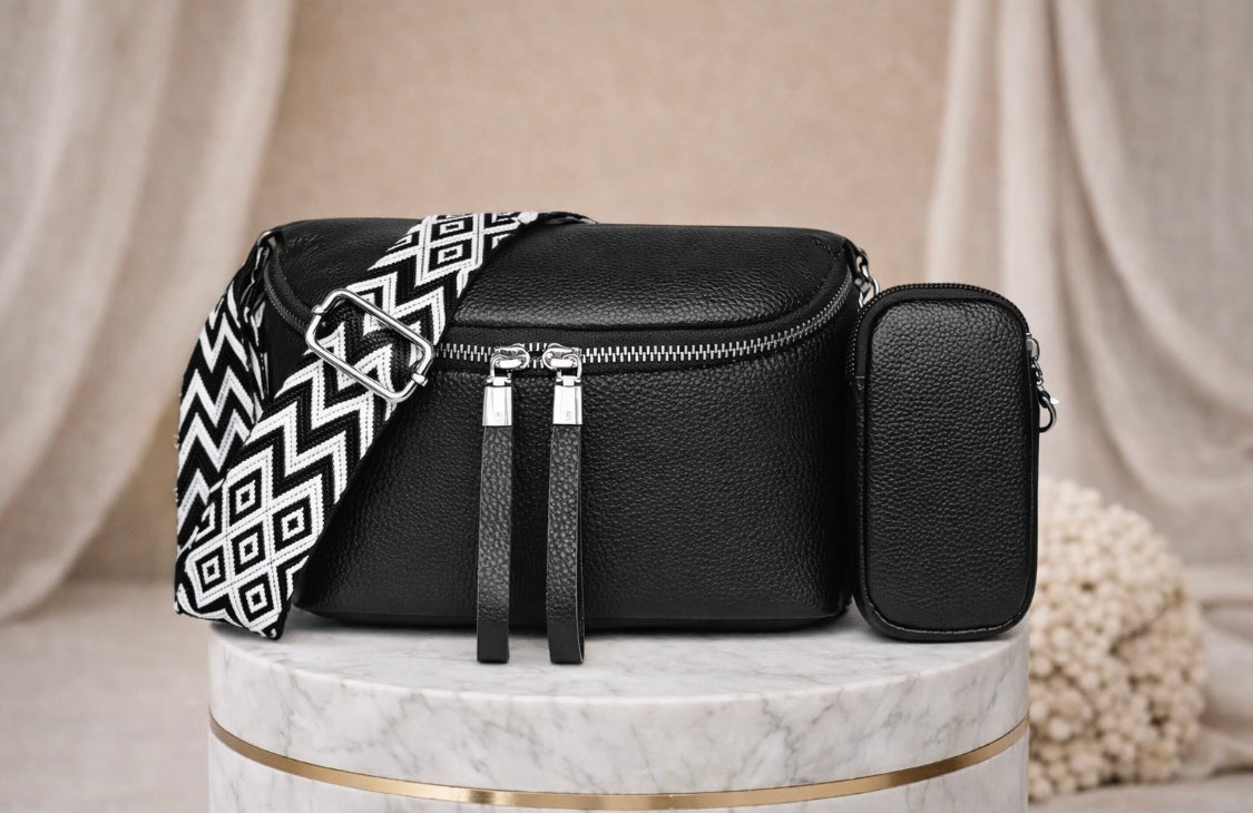2-in-1 Crossbody Bag aus echtem Leder – Schwarz