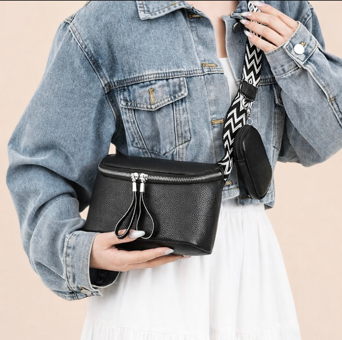2-in-1 Crossbody Bag aus echtem Leder – Schwarz