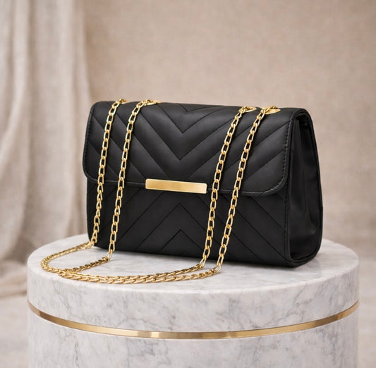 Elegante Schultertasche mit Kettenriemen – Schwarz, PU-Leder